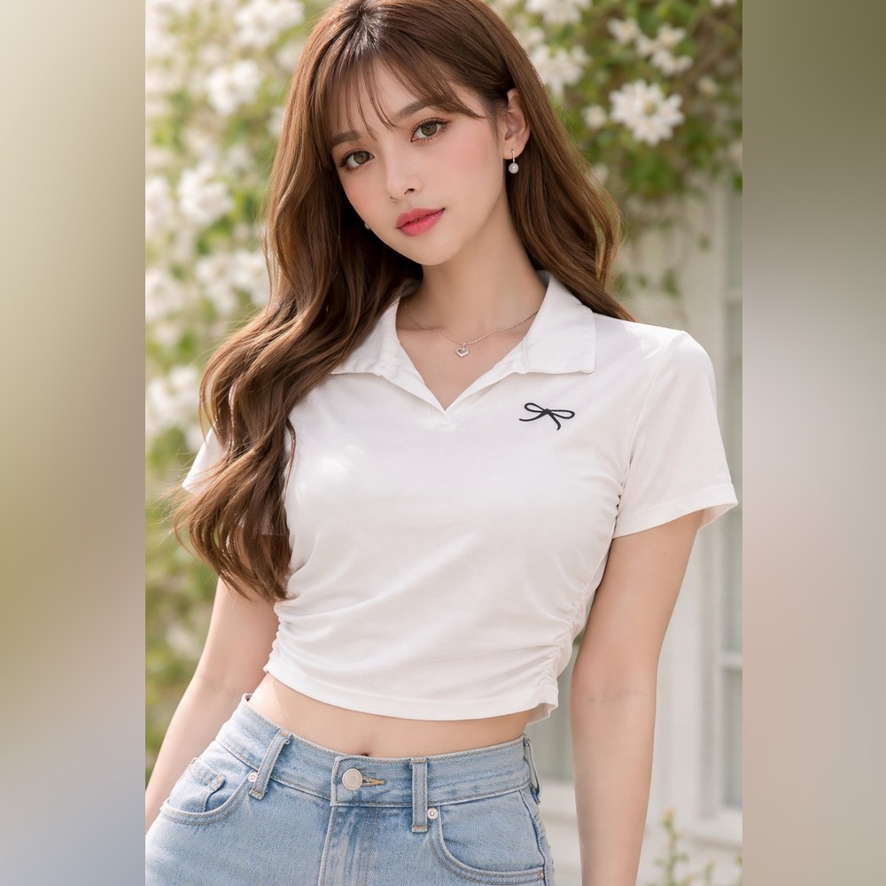 Women's White XXL Collared Ruched Crop Top